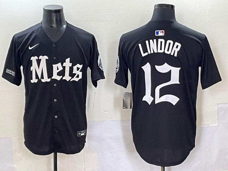 Men 2025 New York Mets #12 Lindor Black Five generations Joint Name Nike MLB Jersey style 13